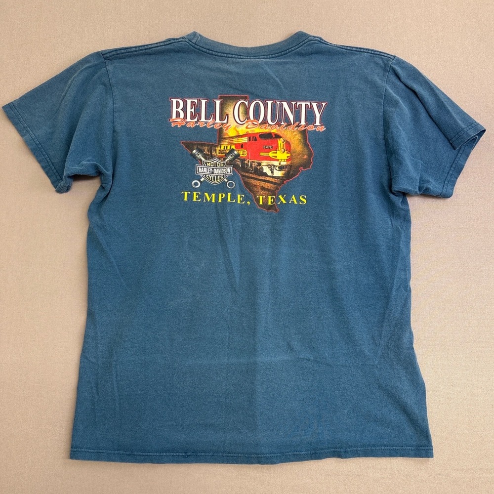 Vintage Harley Davidson Bell County Texas Train Pocket T-Shirt Blue Large USA